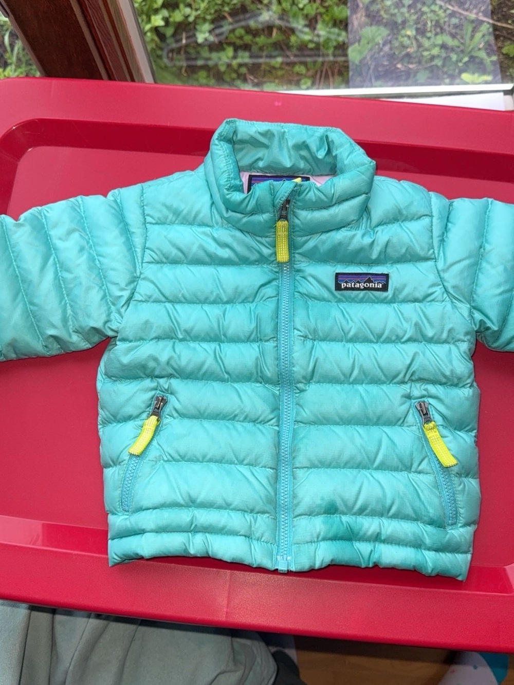 Patagonia Kids Turquoise Puffer Jacket with Lavender Lining